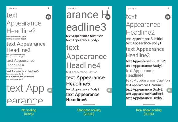 Drei Screenshots zeigen die Resultate unterschiedlicher Text-Zoom-Einstellungen